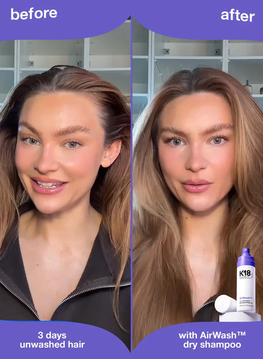 A before and after comparison of a person's hair K18 AirWash dry shampoo 
